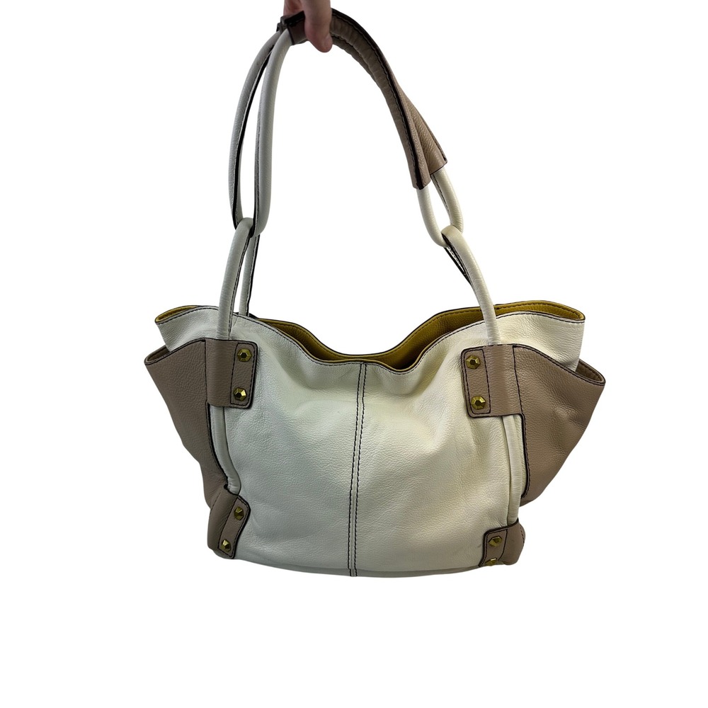 Oryany Large Leather Hobo Bag White Taupe Boho Studded Colorblock Purse Unique